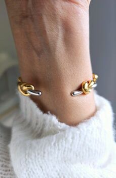 Heart Knotted Sterling Silver And 18 K Gold Plated Open Cuff Bracelet, 8 of 10