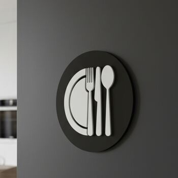 Kitchen Door Sign In Matte Black Acrylic With Raised Plate And Cutlery Design, 2 of 5