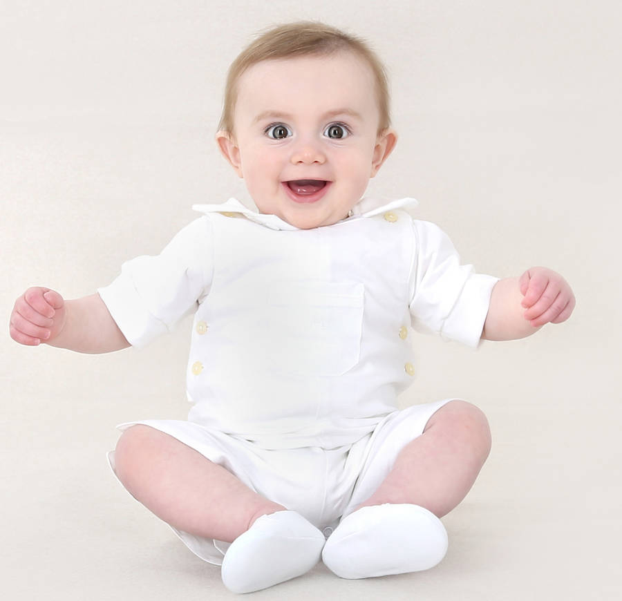 baby boy white linen overall and peter pan bodysuit by chateau de sable ...