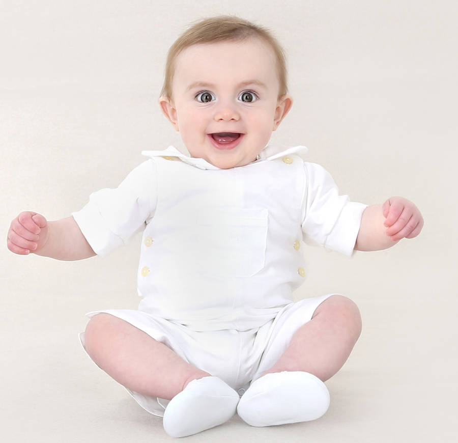 baby boy white linen overall and peter pan bodysuit by chateau de sable