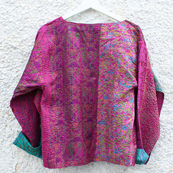 Kantha Handstitched Pink Silk Jacket, 5 of 12