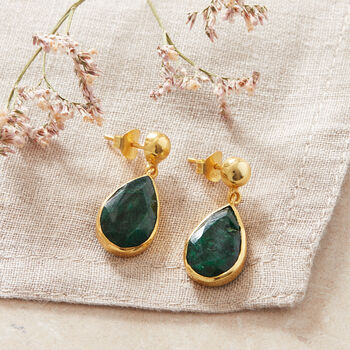 Emerald Teardrop Drop Earring With Gold Plated Stud, 7 of 12