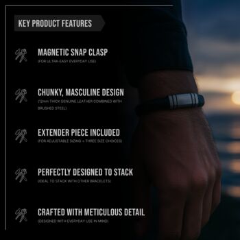 Men's Adjustable Black Leather Bracelet | Genuine Thick 12mm Woven Leather With Snap Clasp, 4 of 6