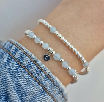 Sterling Silver March Aquamarine Personalised Heart Bracelet Set Of Two Stacking Bracelets: March Birthstone Stacking Jewellery, 5 of 6