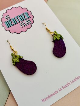 The Purple Aubergine Glitter Statement Earrings/ Vegetable Lover Gift / Novelty Food Jewellery / Colourful Accessories, 5 of 5