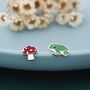 Sterling Silver Mismatched Enamel Frog And Mushroom Stud Earrings, thumbnail 4 of 10