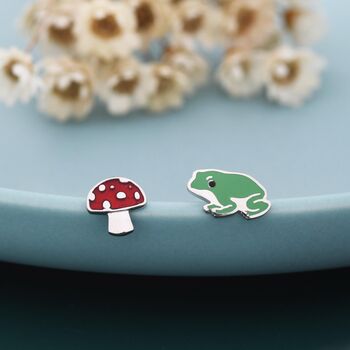 Sterling Silver Mismatched Enamel Frog And Mushroom Stud Earrings, 4 of 10
