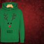 Rudolph The Reindeer Personalised Kids Hoodie Christmas Jumper, thumbnail 1 of 11