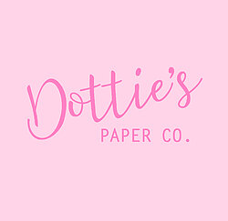 Dottie's Paper Co. logo in dark pink on a pastel pink background