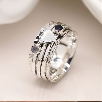 Personalised Sterling Silver Heart Spinner Ring With Moonstone And Iolite – 10mm, 4 of 11