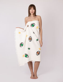 White With Mini Evil Eye Organic Cotton Peshtemal Towel, 2 of 6