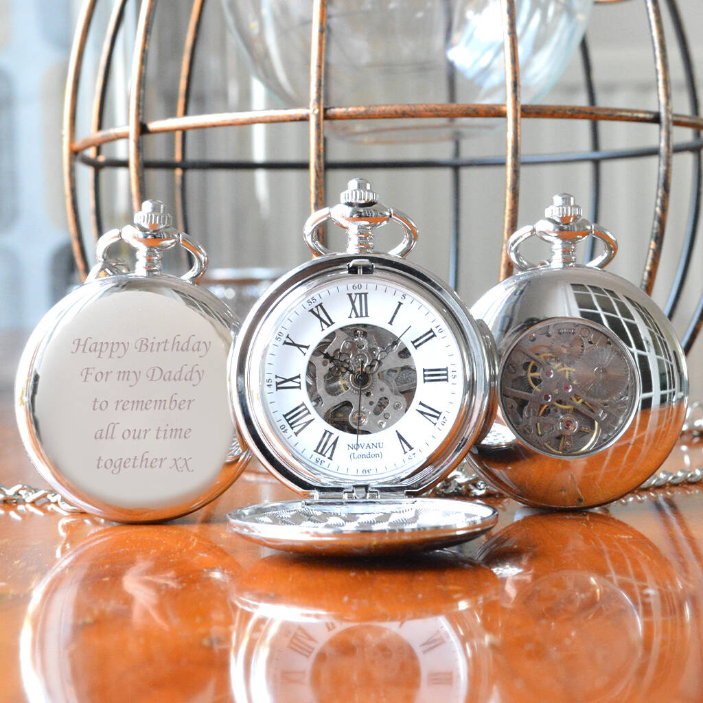Silver Plated Engraved Pocket Watch With Windowed Back, 1 of 4