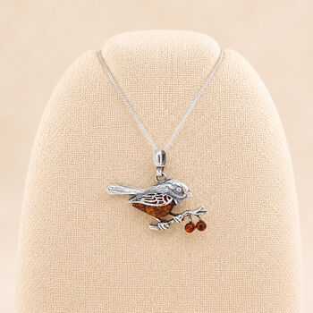 Personalised Sterling Silver Baltic Amber Robin Pendant Necklace, 4 of 12