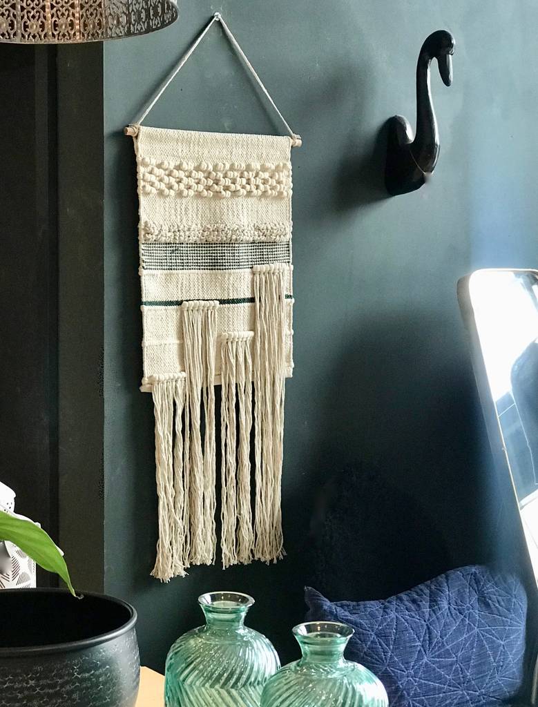 woven natural wall hanging in stone and forest green by the forest & co