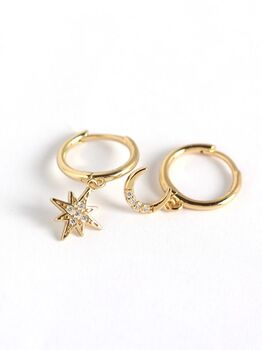 Gold Plated And Sterling Silver Star Moon Hoop Earrings, 5 of 6