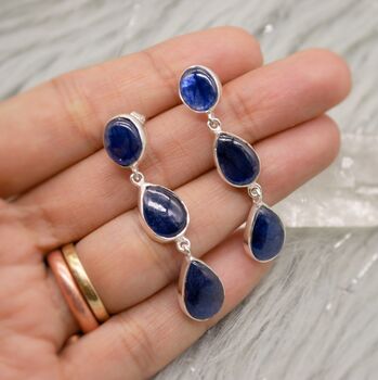 Blue Sapphire Handmade Sterling Silver Drop Earrings, 2 of 8