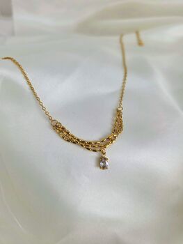 Dainty 18 K Gold Vermeil Necklace Triple Beaded Chain With Teardrop Cz, Tarnish Free Waterproof Necklace, Wedding Jewellery, 3 of 8