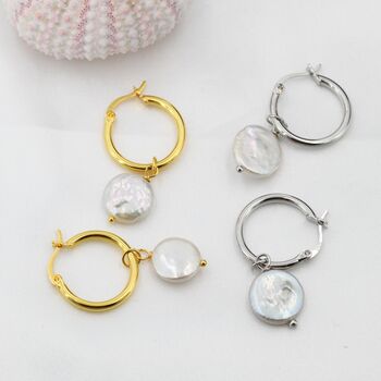 Sterling Silver Coin Baroque Pearl Dangle Creole Hoop Earrings, 7 of 12