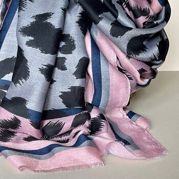 Leopard Print Scarf With Pink And Blue Borders, 3 of 3