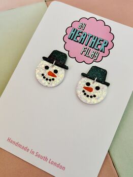 White Snowman Glitter Resin Christmas Earrings / Festive Jewellery / Winter Wonderland Jewellery, 2 of 7