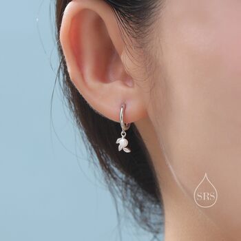 Sterling Silver Tiny Leaf And Natural Pearl Huggie Hoop Earrings, 2 of 11