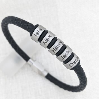 Mens Personalised Leather Bracelet With Engraved Rings, 2 of 10