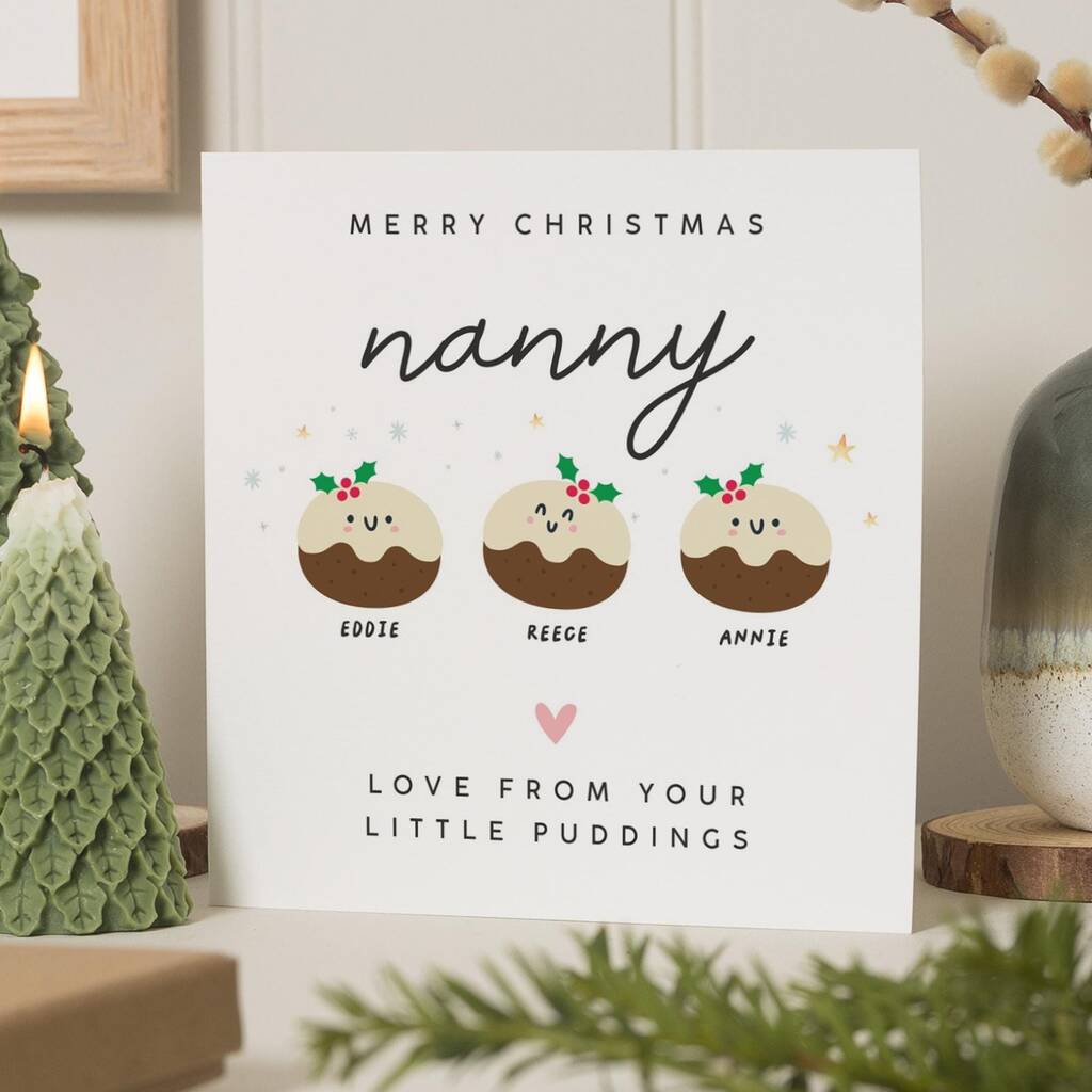 Personalised Little Puddings Christmas Card For Nanny, 1 of 7