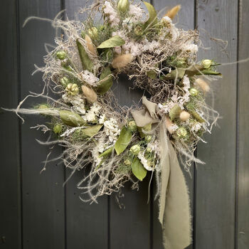 Nigella Dried Wreath With Bay And Statice 'Bay White', 6 of 6