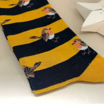Men's Bamboo Robins And Stripes Socks In Mustard, 2 of 2