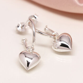 Sterling Silver Half Hoop Earrings With Heart Charm, 7 of 10