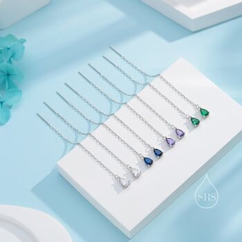 Sapphire Blue Droplet Cz Threader Earrings, 4 of 11