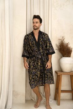 Men's Navy And Gold Batik Kimono Robe, 2 of 8