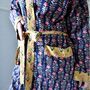 Block Printed Navy Blue, Mustard And Pink Lily Cotton Dressing Gown, thumbnail 7 of 8