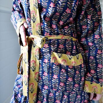 Block Printed Navy Blue, Mustard And Pink Lily Cotton Dressing Gown, 7 of 8