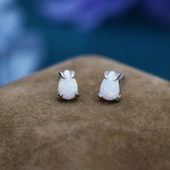 White Opal Droplet Stud Earrings In Sterling Silver, 3 of 11