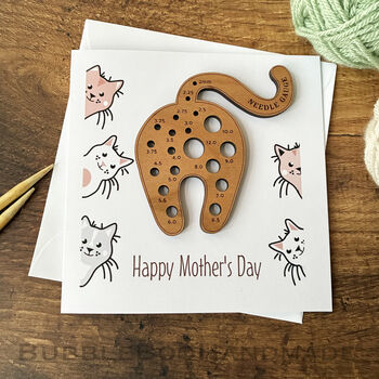 Mother's Day Card With Wooden Cat Knitting Needle Gauge, 3 of 6