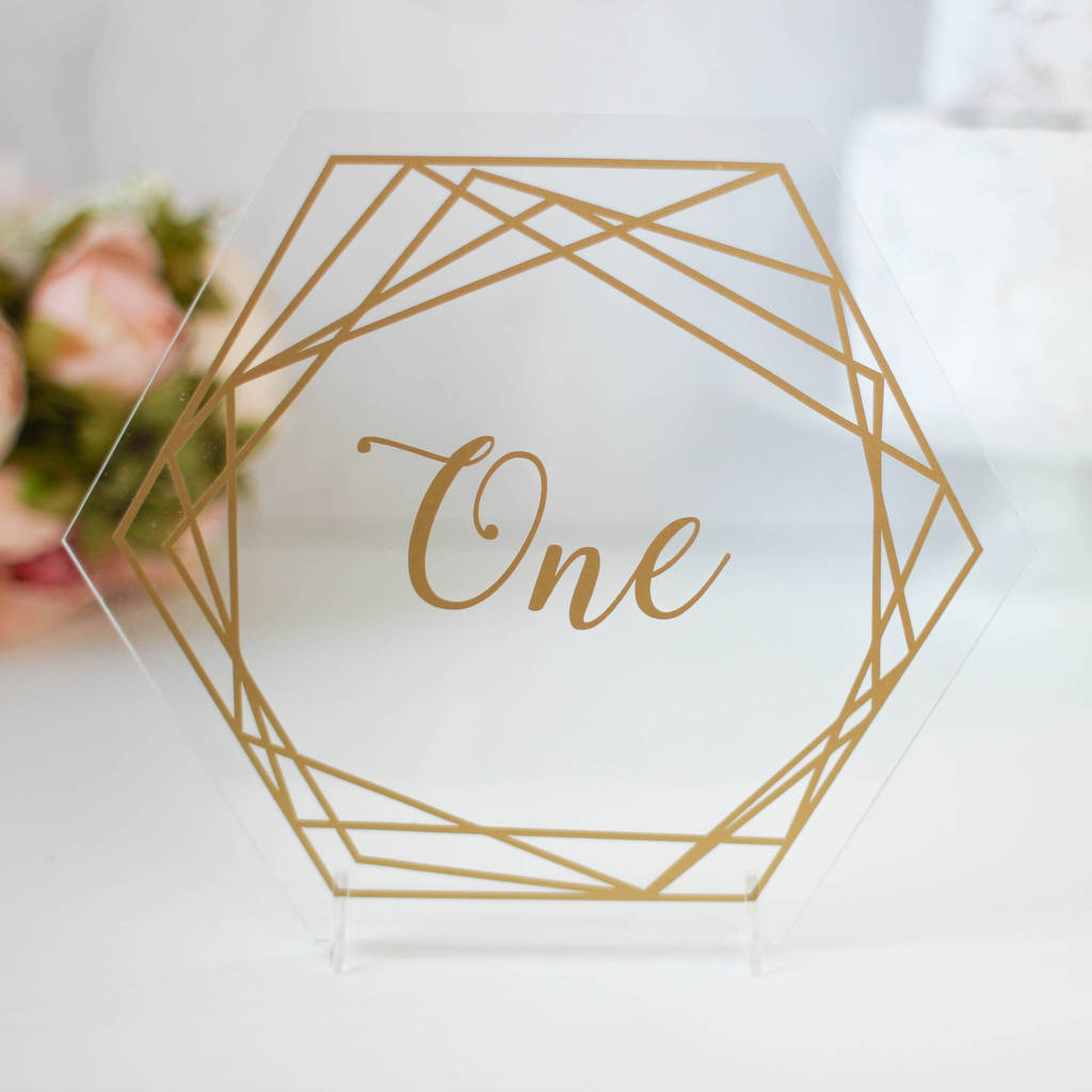 Gold Wedding Table Number On Clear Acrylic Hexagons, 1 of 7