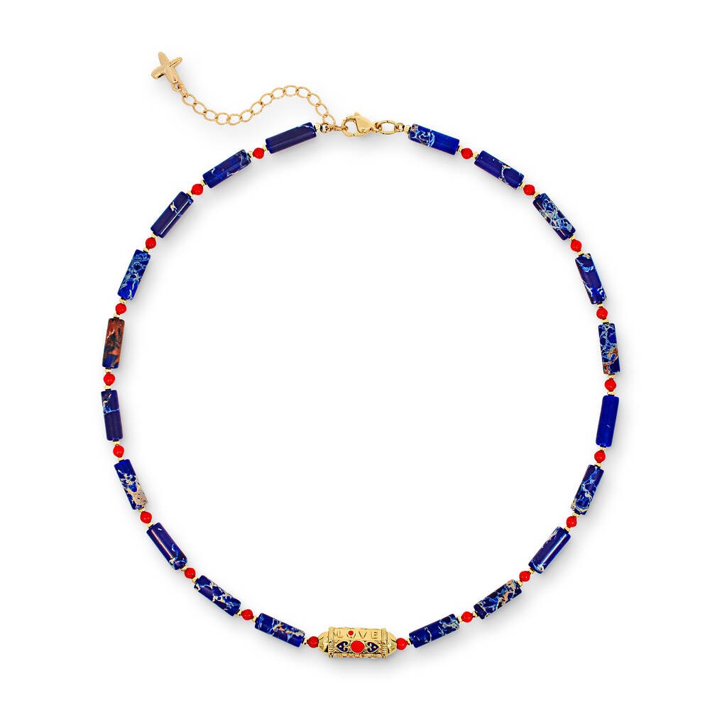 Blue And Red Natural Stone Beaded Charm Necklace