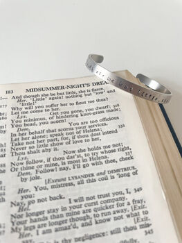 Stamped Aluminium Bracelet – 'Though She Be But Little, She Is Fierce' Shakespeare Quote, 6 of 8