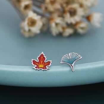 Sterling Silver Maple Leaf And Ginkgo Leaf Stud Earrings, 3 of 11