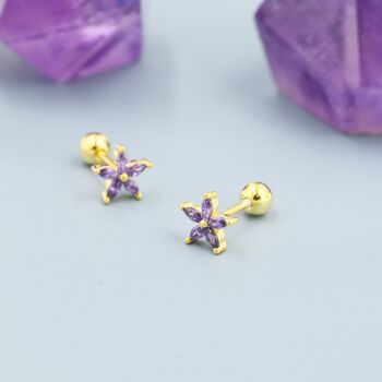 Sterling Silver Purple Amethyst Cz Flower Barbell Earrings, 3 of 12