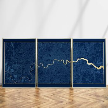 London Triptych Map Screen Prints | Navy And Gold, 3 of 6