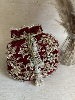 Maroon Velvet Handcrafted Potli Bag, 5 of 10