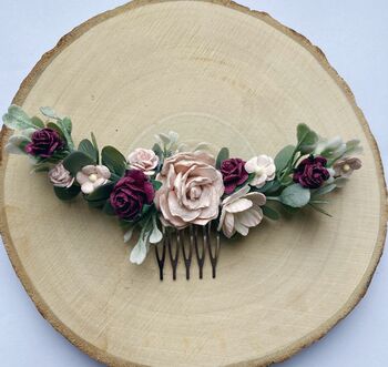 Burgundy And Blush Pink Flower Hair Comb, 4 of 6