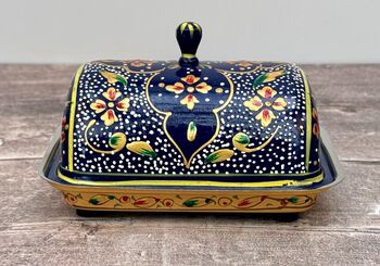 Handpainted Navy Patterned Butter Dish, 3 of 5