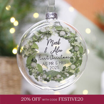 First Married Christmas Wreath Glass Bauble, 9 of 9