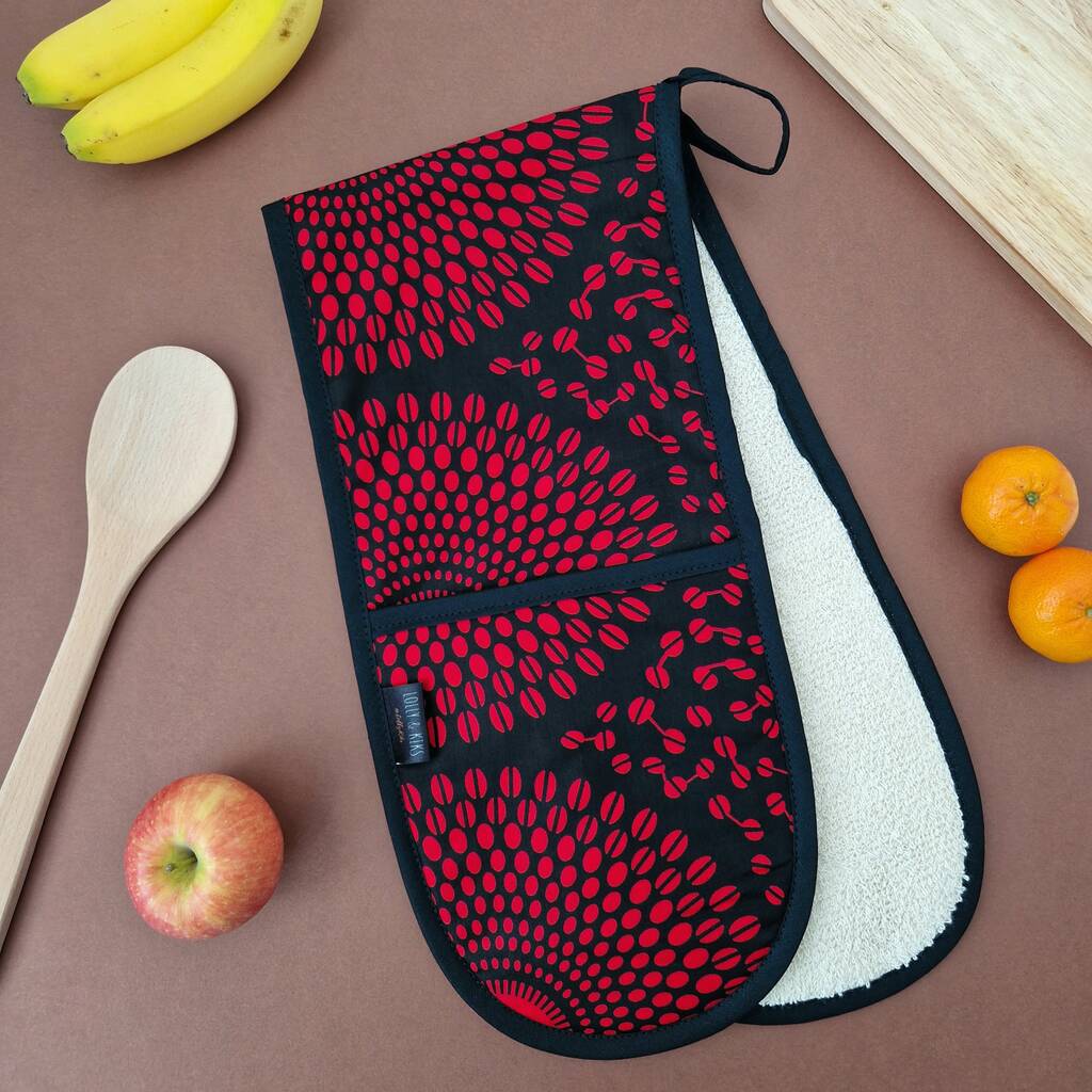 African Print Oven Gloves | Black Red Shope Print, 1 of 5