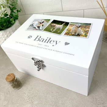 Personalised Three Photo Pet Memorial White Wooden Keepsake Box 22cm | 27cm | 30cm, 4 of 9
