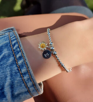 Sterling Silver Personalised Daisy Flower Charm Stretch Bracelet, 2 of 5
