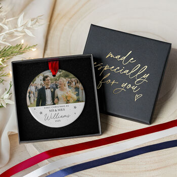 Personalised Mr And Mrs First Christmas Ceramic Ornament, 3 of 8